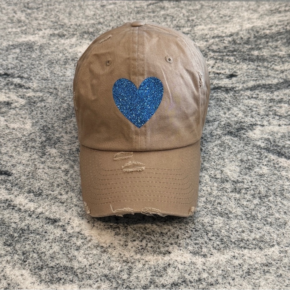 New Custom Designed Tan Distressed Baseball Cap with Glitter Blue Heart